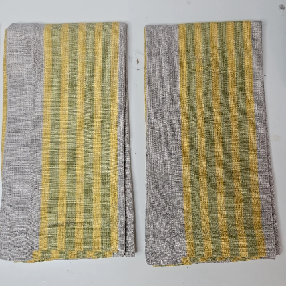 Williams Sonoma Set/4 100% Linen Dinner Napkins Neutral Tan Yellow Green Stripe